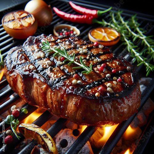 Photo real for Focusing on the sizzle of a juicy steak on a hot grill Close-up shots capturing the mouthwatering sizzle as a steak cooks on a grill in eater theme ,Full depth of field, clean bright to