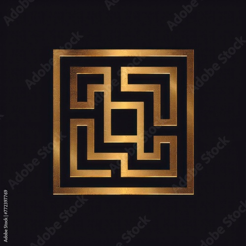 A captivating image showcasing a golden geometric maze pattern with a lustrous sheen contrasting against a stark black background, exuding elegance and complexity