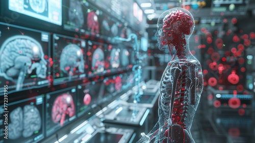 An artistic 3D render of a human affected by cancer with the surrounding environment showcasing innovative medical gadgets and therapies