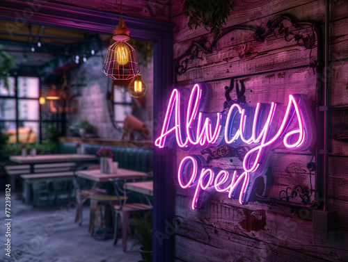 An artistic neon display of "Always Open" with purple and teal lighting illuminating a rustic wooden wall
