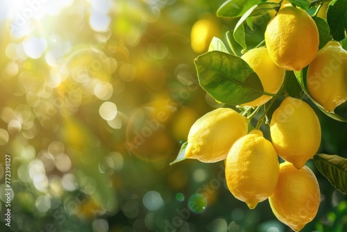 Ripe lemons hanging on a sunlit tree, with a vibrant display of fresh citrus fruit ready for harvest