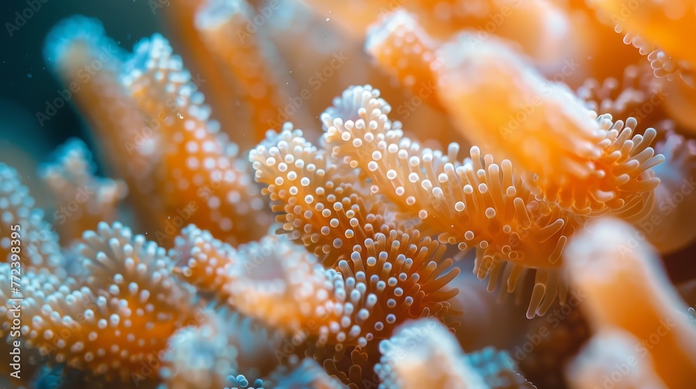 A close up of a coral reef with orange and white coral A close up of a coral reef with orange and white coral
