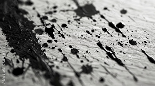 A black and white photo of a messy, splattered surface. Concept of chaos and disorder, with the black paint splatters covering the entire surface. Scene is one of disarray and confusion