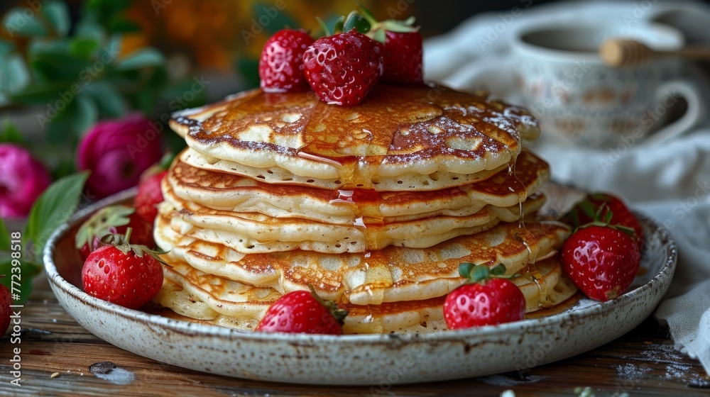 A pancake stack, smothered in syrup and adorned with strawberries, sits on a coffee-accompanied plate A pancake stack, smothered in syrup and adorned with strawberries, sits on a coffee-accompanied plate