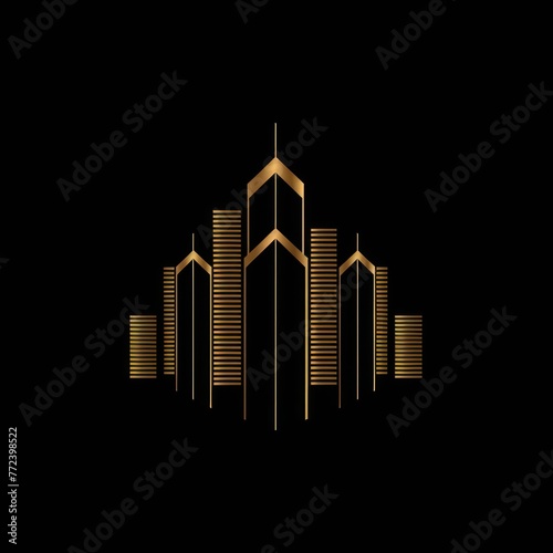 a sleek and modern skyline silhouette in luxurious gold tones against a black background, conveying opulence and sophistication