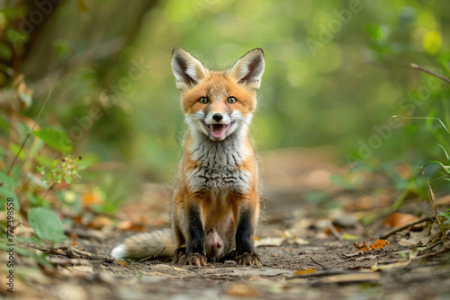 A cheeky red fox cub with a mischievous grin and big, fluffy ears © Veniamin Kraskov