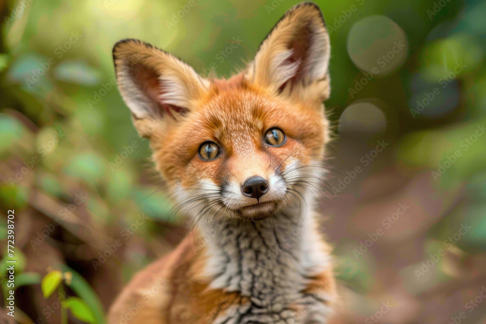 Fototapeta premium A cheeky red fox cub with a mischievous grin and big, fluffy ears