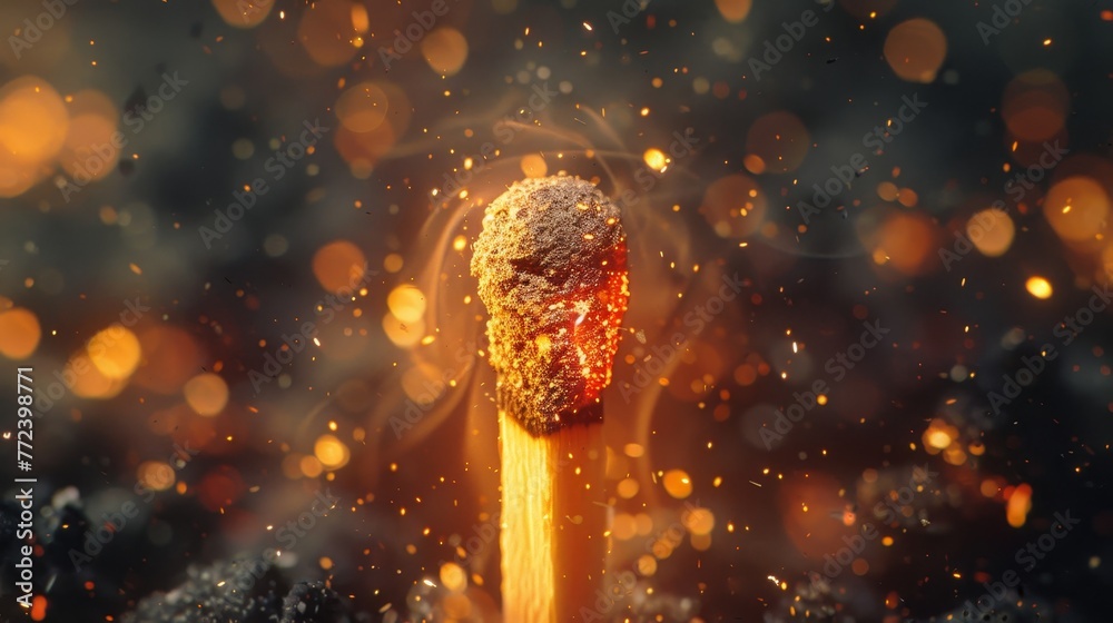 A matchstick is lit and the flame is glowing. The image has a moody and dramatic feel to it, as the fire is surrounded by a lot of smoke and sparks - obrazy, fototapety, plakaty 