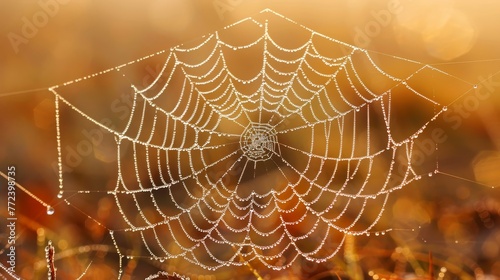 A spider web is shown in a blurry, foggy, and misty atmosphere. The web is covered in dew, giving it a dreamy and ethereal quality. The spider web is located in a field, surrounded by trees and grass