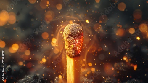 A matchstick is lit and the flame is glowing. The image has a moody and dramatic feel to it, as the fire is surrounded by a lot of smoke and sparks photo