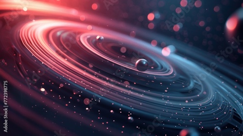 Futuristic galaxy with orbits, with multi-layered texture in red and blue color