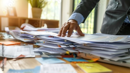 An office desk cluttered with document reports, with a businessman's hand reaching for one