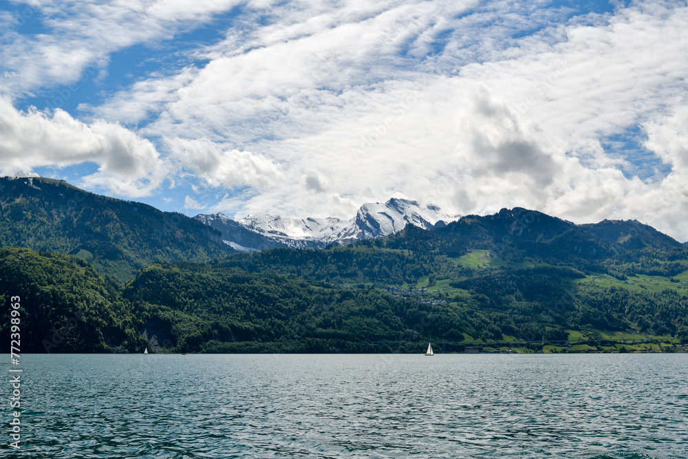 View on beautiful lake Luzern and Swiss alps from small village of Gersau in Switzerland