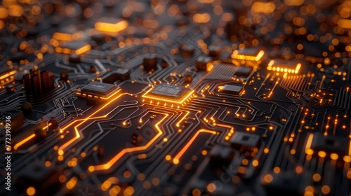 A computer chip is shown in a close up with a lot of orange lights. Concept of technology and complexity, as well as a futuristic or sci-fi vibe
