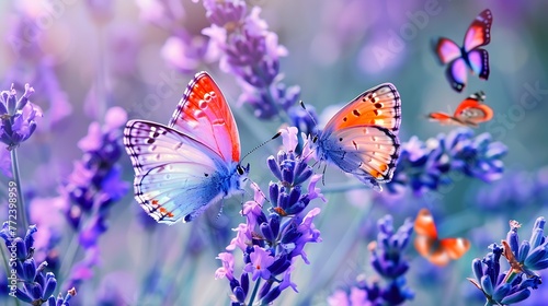 Colorful butterflies in lavender field
