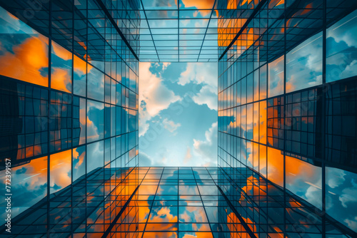 Contemporary high-rise office buildings converging towards the sky  their windows mirroring the blue and cloudy sky.