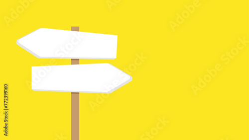 Two blank signposts pointing in opposite directions. One sign points to the right and the other sign points to the left. Road sign on yellow background.
