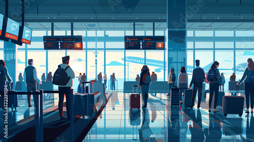Airport Queue, Atmosphere of Tourist and Adventure passengers queuing to enter the airport gate. Generative Ai