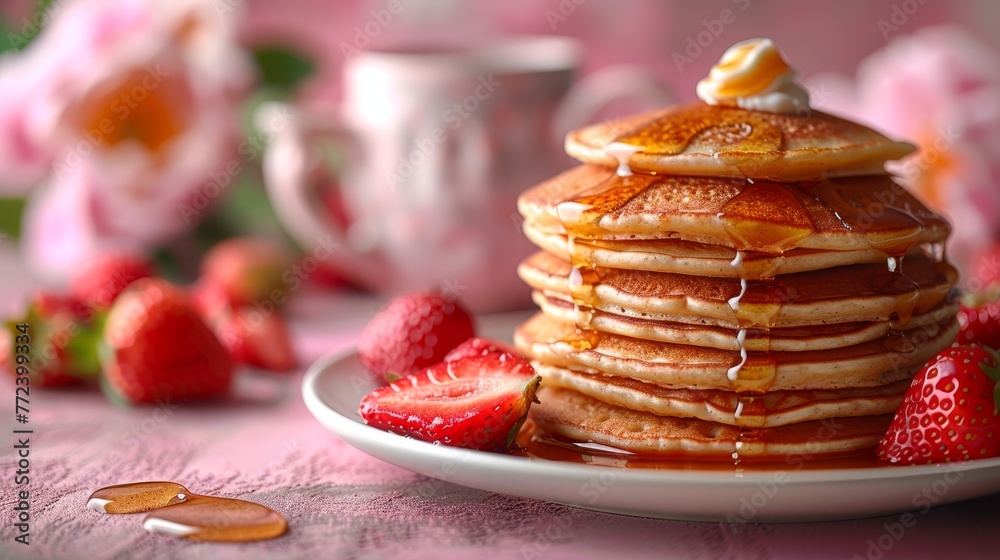 Pancake stack on white plate with syrup, strawberries, and coffee cup Pancake stack on white plate with syrup, strawberries, and coffee cup