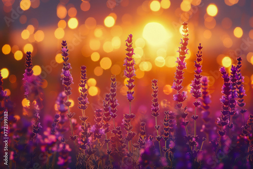 Vibrant sunset illuminating a field of lavender, with the flowers basking in the soft evening light