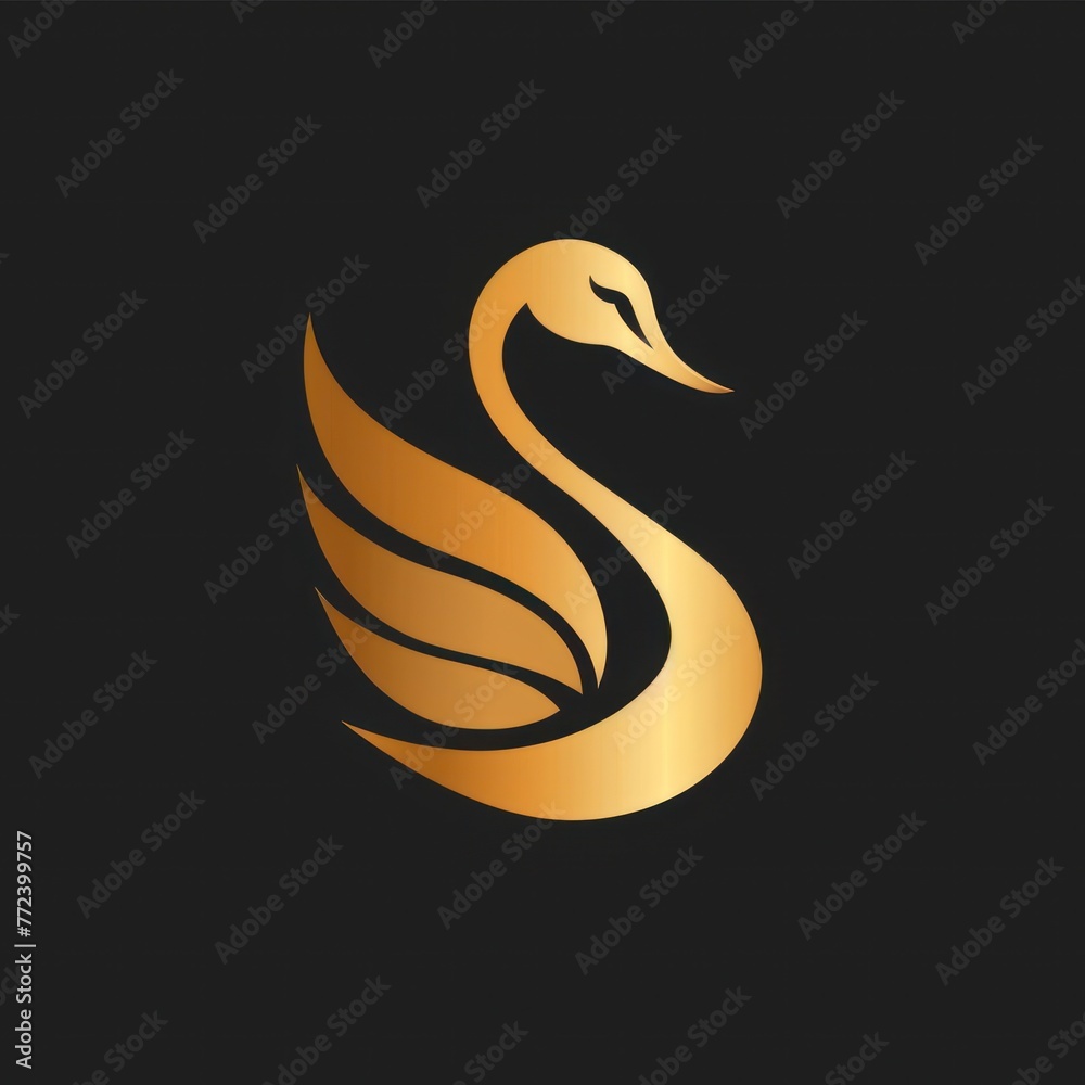 A sophisticated and stylish depiction of a swan in gold against a stark black backdrop, conveying luxury and grace