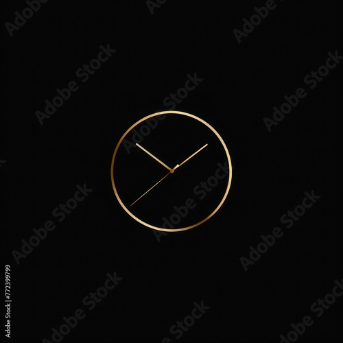 A simple yet elegant golden clock with its hands pointing at ten past ten, set against a stark black backdrop, portraying the concept of time photo