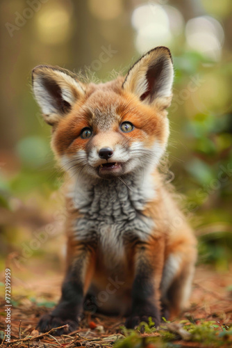 A cheeky red fox cub with a mischievous grin and big, fluffy ears