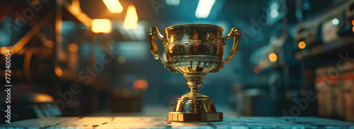 Scifi businessmans triumph, golden trophy highlighted in moody, hyperrealistic ambiance