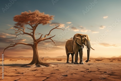 a lonely elephant near a tree in the African Savana - desert land drought dry land