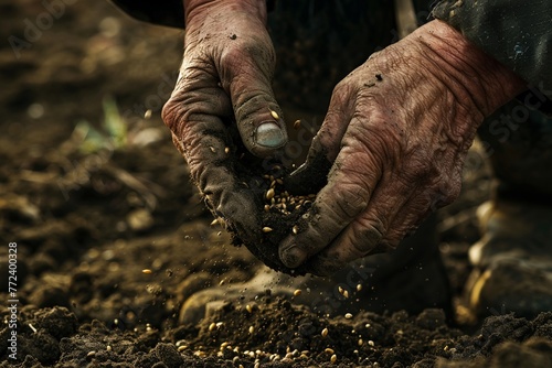 Calloused hands till the earth planting seeds in terraced fields photo