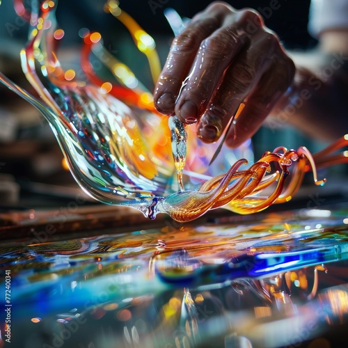 Close-up fingers coax glass into art photo