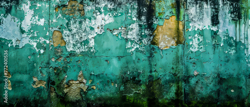 A wide view of an old wall with peeling green paint and rust stains, capturing the essence of decay and the passage of time