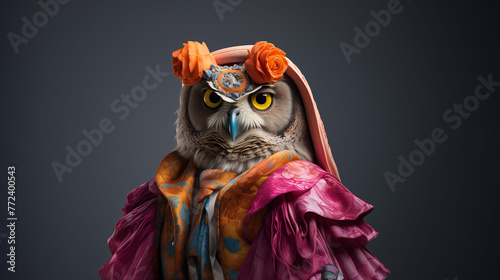 A colorful anthropomorphic owl