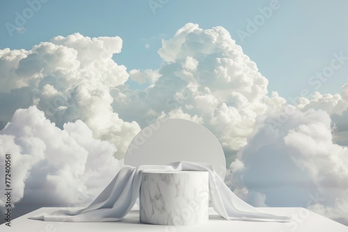 ceramic white pedestal podium surrounded by clouds, Luxury 3d minimalist white marble podium