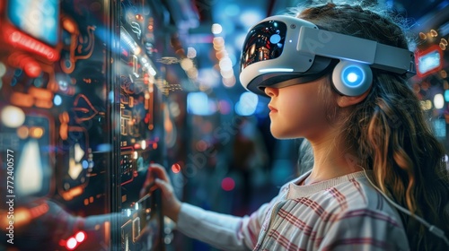 A young girl wearing a virtual reality headset is playing a game. Concept of excitement and adventure as the girl immerses herself in the virtual world