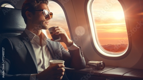 A young confident man, a businessman wearing a suit and sunglasses, holds a white cup of tea or coffee and looks out the window of a private plane at sunset. Horizontal photo.