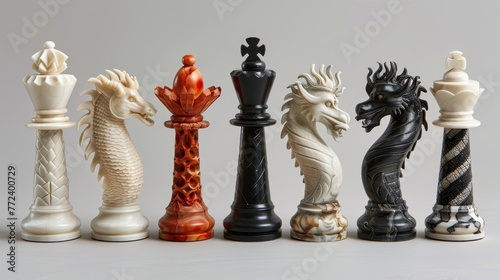 A row of chess pieces with a dragon head on the right. The pieces are white and black © Sodapeaw