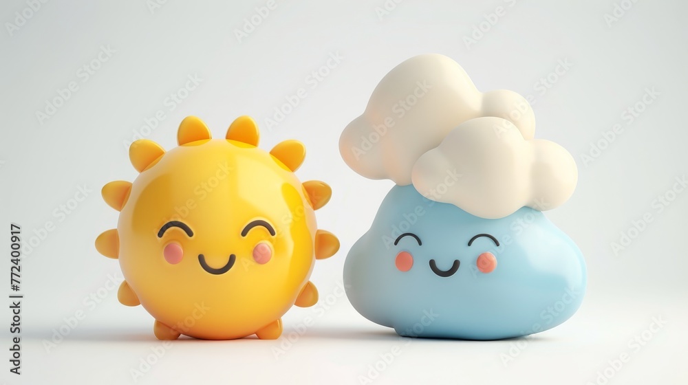 Two cartoon characters, one smiling and one frowning, are standing next to each other. The smiling character is a sun, and the frowning character is a cloud. Concept of contrast between the bright Two cartoon characters, one smiling and one frowning, are standing next to each other. The smiling character is a sun, and the frowning character is a cloud. Concept of contrast between the bright