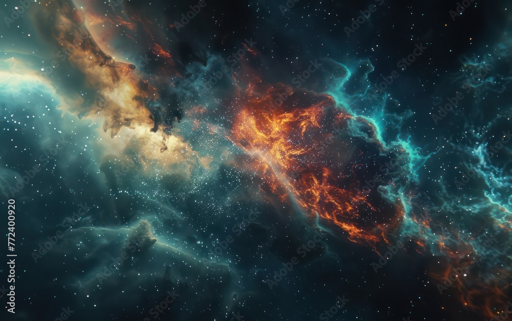 A captivating high-resolution image showcasing a cosmic nebula with a blend of fiery orange, cool blues, and speckles of stars, illustrating the beauty and vastness of space