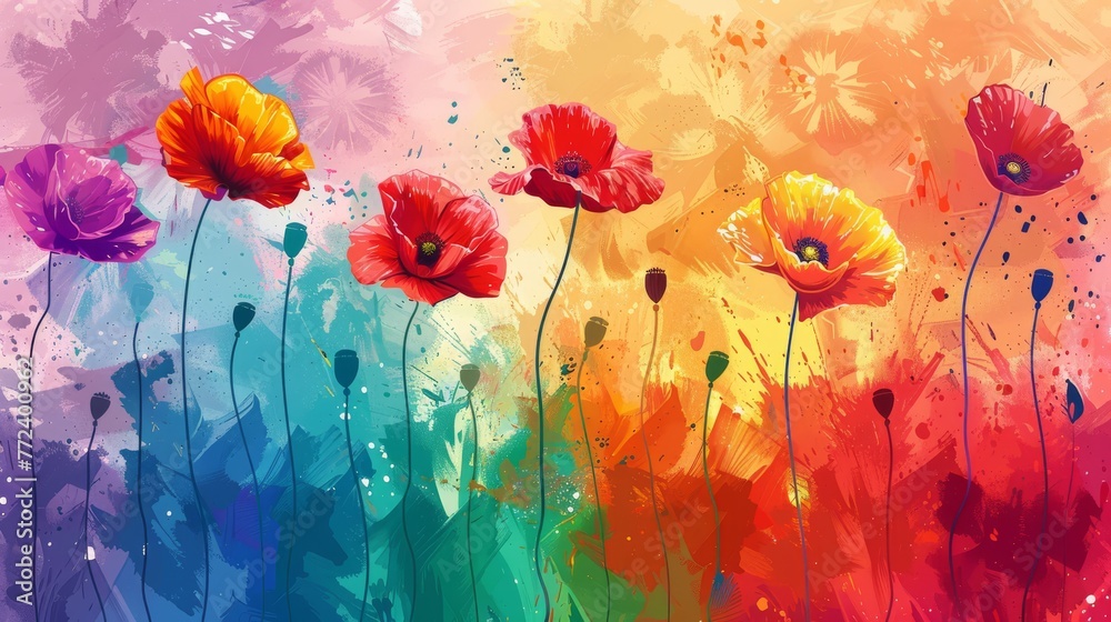 A vibrant depiction of poppies in a multi-hued landscape, adorned with a brushstroke of color at its base A vibrant depiction of poppies in a multi-hued landscape, adorned with a brushstroke of color at its base