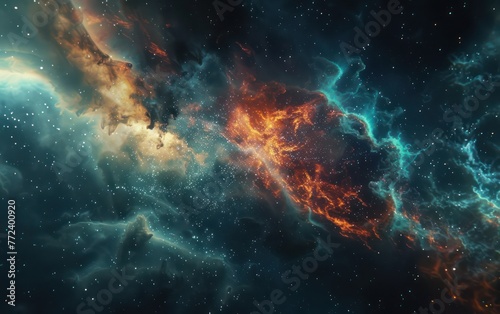 A captivating high-resolution image showcasing a cosmic nebula with a blend of fiery orange, cool blues, and speckles of stars, illustrating the beauty and vastness of space