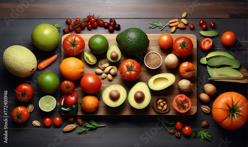 Table with different fruits and vegetables, tomatoes, avocado, salads © A_A88