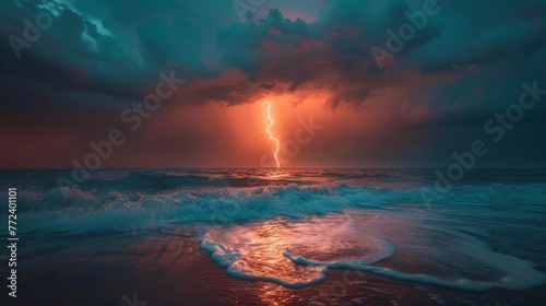 A lightning bolt strikes the ocean, creating a dramatic and powerful scene. The sky is dark and stormy, with the ocean waves crashing in the background