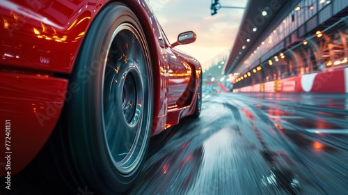 A red sports car is speeding down a wet road. The car is in the middle of a race track, and the driver is focused on the road ahead. Concept of excitement and adrenaline, as the car's speed