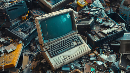The broken computer in a mix of electrical and domestic waste underscores the importance of recycling and proper disposal for environmental balance, aligning with Earth Day.