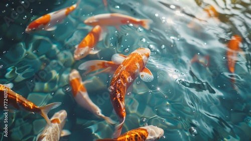A group of orange and white fish swimming in a body of water