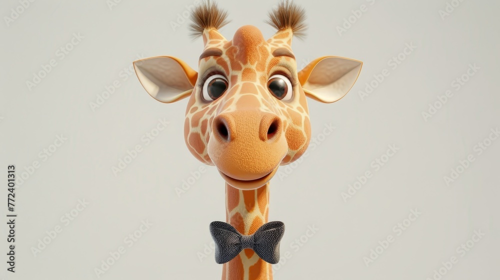 A giraffe with a bow tie is looking at the camera. The giraffe is wearing a bow tie and has a big smile on its face. Concept of playfulness and whimsy