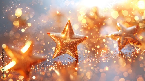Three golden stars are scattered across a blurry background. The stars are shining brightly, creating a warm and festive atmosphere. The blurry background adds a sense of movement. Overall
