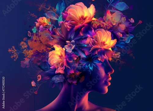 Mental health illustrations , happiness, harmony creative abstract concept. self care idea. Happy woman head with flowers inside. Mindfulness, positive thinking