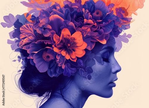 Mental health illustrations , happiness, harmony creative abstract concept. self care idea. Happy woman head with flowers inside. Mindfulness, positive thinking